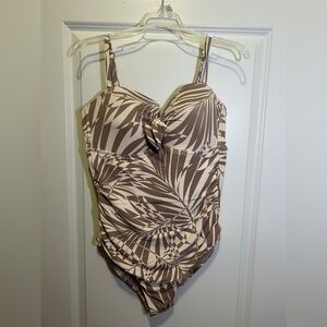 Kona Sol Brown and Cream One Piece Swimsuit with Sweetheart Neckline